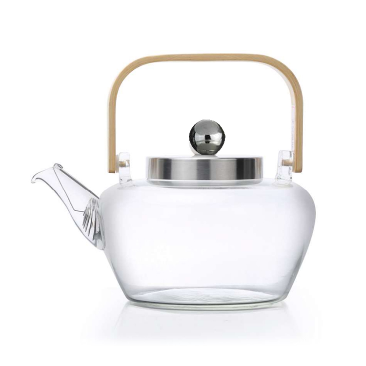 Heat resistant glass teapot, high-quality stainless steel lid, bamboo handle, flower tea pot CK-251A